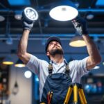 A photograph of a skilled lighting contractor expertly installing or adjusting various types of lighting fixtures in a well-lit