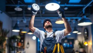 A photograph of a skilled lighting contractor expertly installing or adjusting various types of lighting fixtures in a well-lit