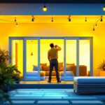 A photograph of a well-lit outdoor space showcasing vibrant fluorescent lights illuminating a stylish patio or garden area