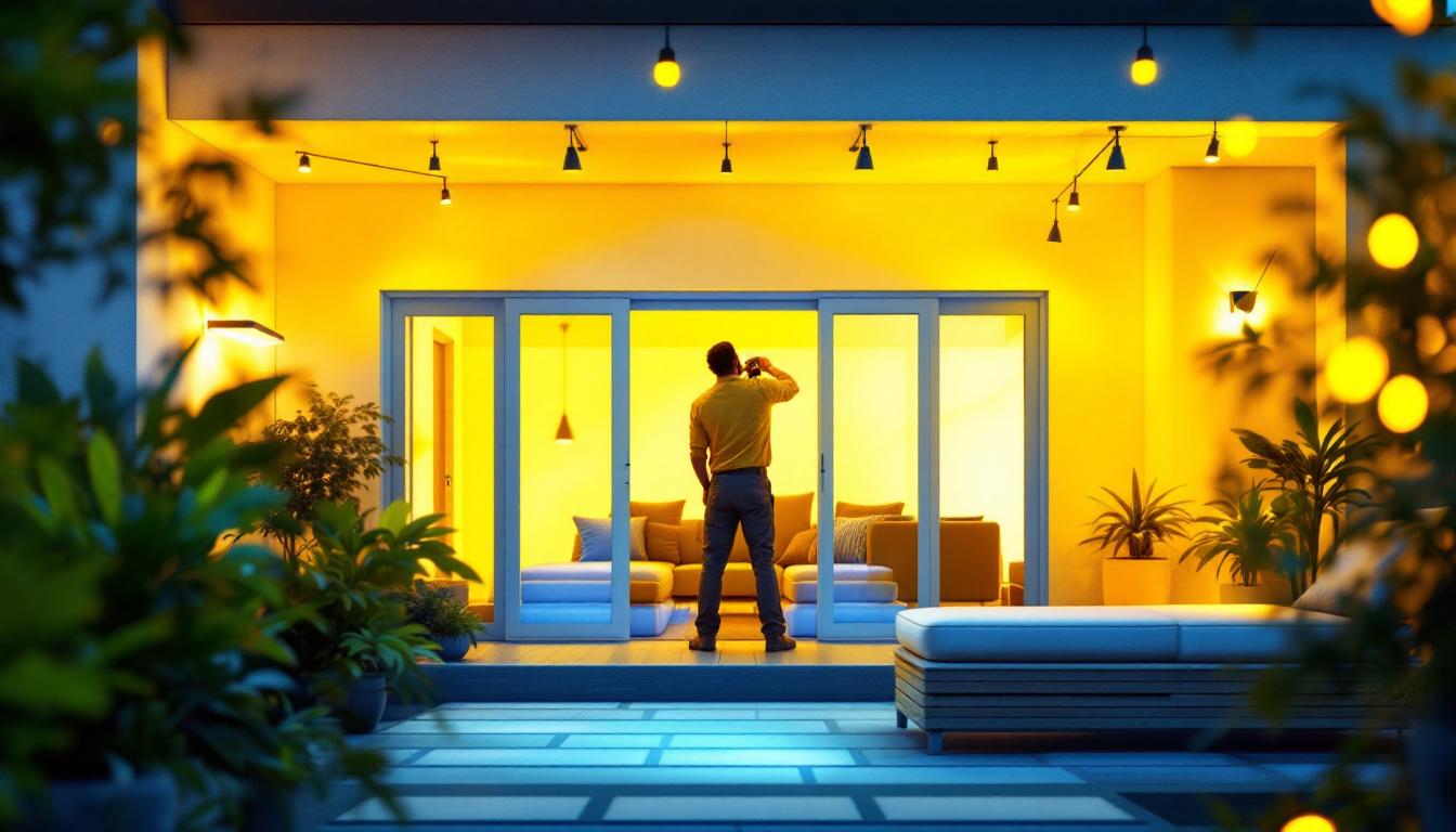 A photograph of a well-lit outdoor space showcasing vibrant fluorescent lights illuminating a stylish patio or garden area