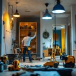 A photograph of a lighting contractor skillfully navigating a complex remodel scene