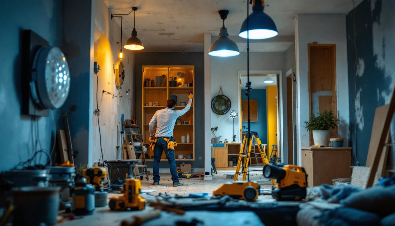 A photograph of a lighting contractor skillfully navigating a complex remodel scene