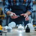 A photograph of a lighting contractor examining various light fixture parts on a workbench