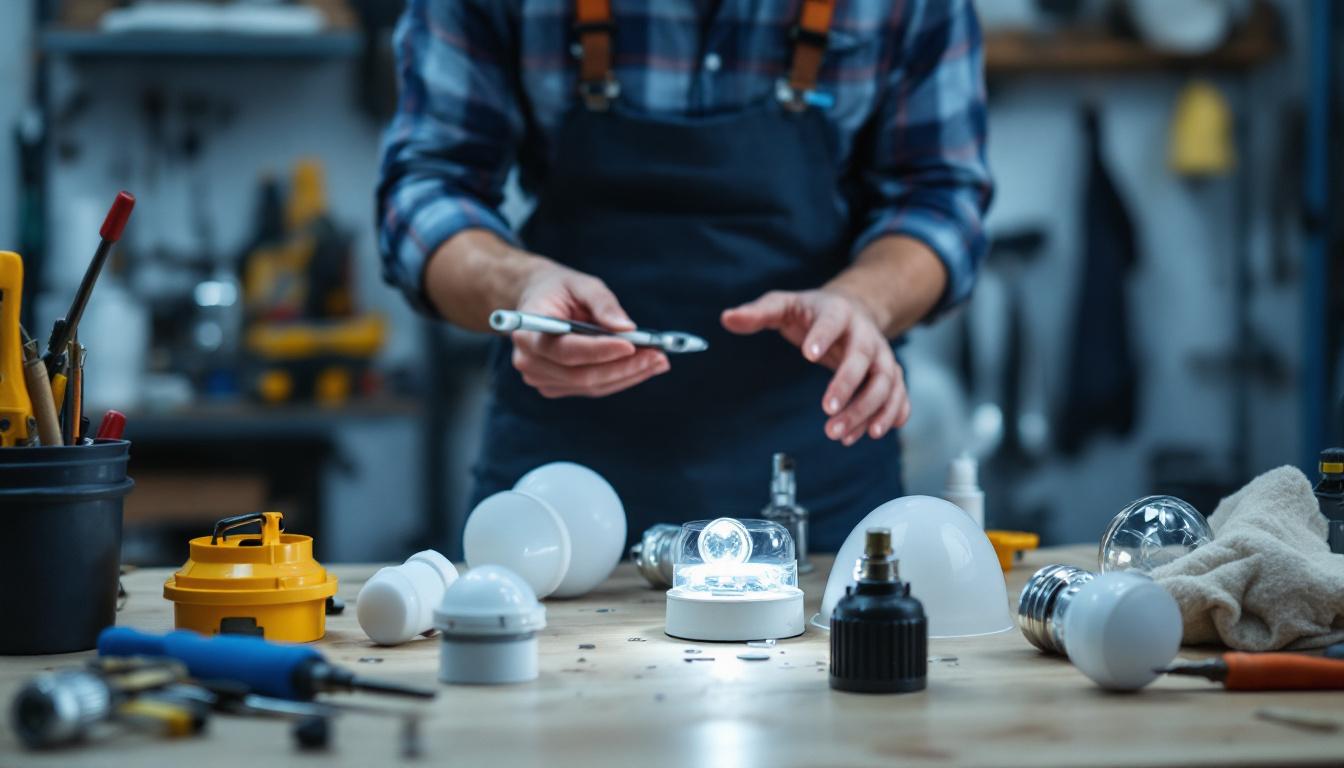 A photograph of a lighting contractor examining various light fixture parts on a workbench