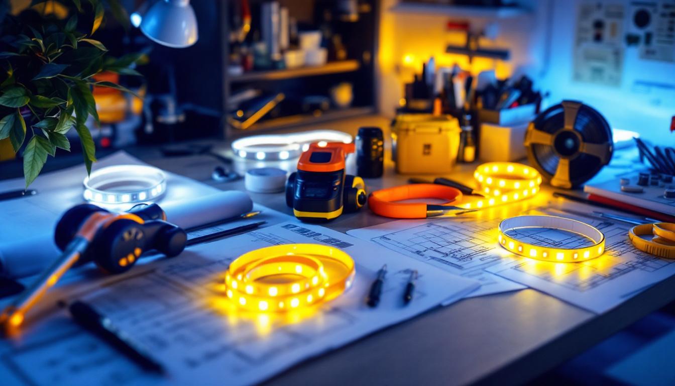 A photograph of a well-organized workspace featuring a variety of led strip lights