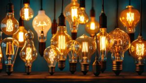 A photograph of a diverse array of unusual light bulbs displayed in an aesthetically pleasing arrangement