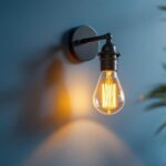 A photograph of a stylish industrial wall sconce installed in a modern interior setting