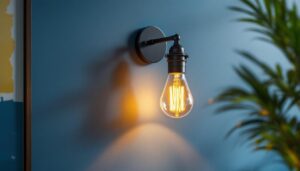 A photograph of a stylish industrial wall sconce installed in a modern interior setting