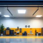 A photograph of a well-lit garage featuring sleek led flush mount lights installed on the ceiling