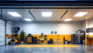 A photograph of a well-lit garage featuring sleek led flush mount lights installed on the ceiling