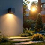 A photograph of a lighting contractor expertly installing a stylish outdoor box light in a beautifully landscaped garden