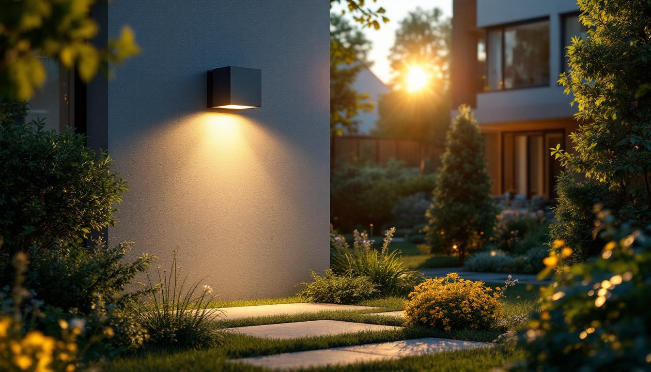 A photograph of a lighting contractor expertly installing a stylish outdoor box light in a beautifully landscaped garden