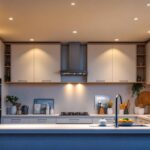 A photograph of a modern kitchen featuring a variety of recessed lighting options