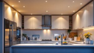 A photograph of a modern kitchen featuring a variety of recessed lighting options