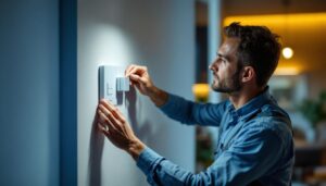 A photograph of a lighting contractor expertly installing or adjusting the leviton ip710 smart lighting control device in a modern home setting