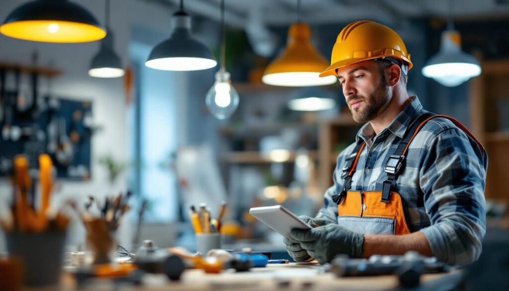 A photograph of a skilled lighting contractor at work