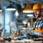 A photograph of a skilled lighting contractor at work