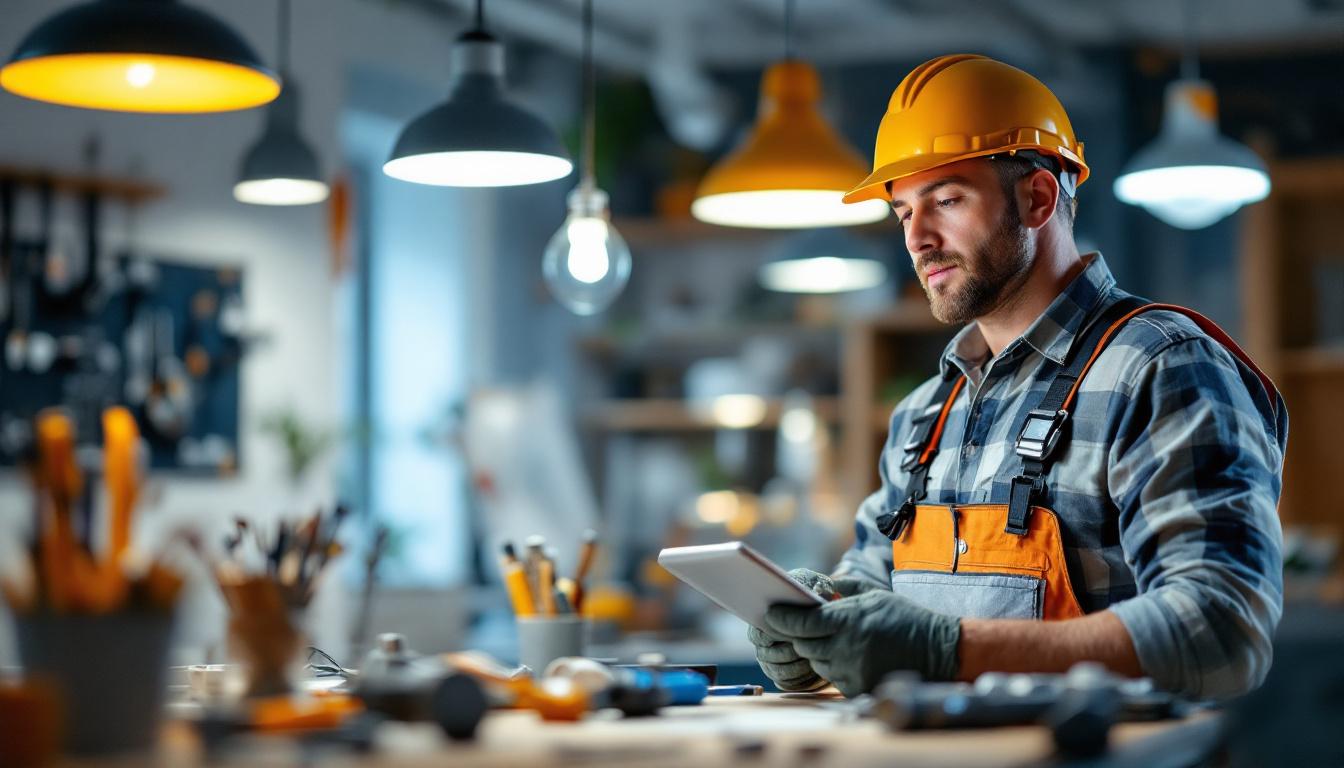 A photograph of a skilled lighting contractor at work