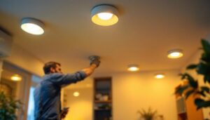 A photograph of a well-lit room showcasing various types of recessed light bulbs in action