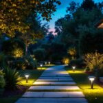 A photograph of a well-lit outdoor space at dusk