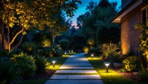 A photograph of a well-lit outdoor space at dusk