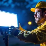 A photograph of a professional lighting contractor installing or adjusting white led flood lights in an outdoor setting