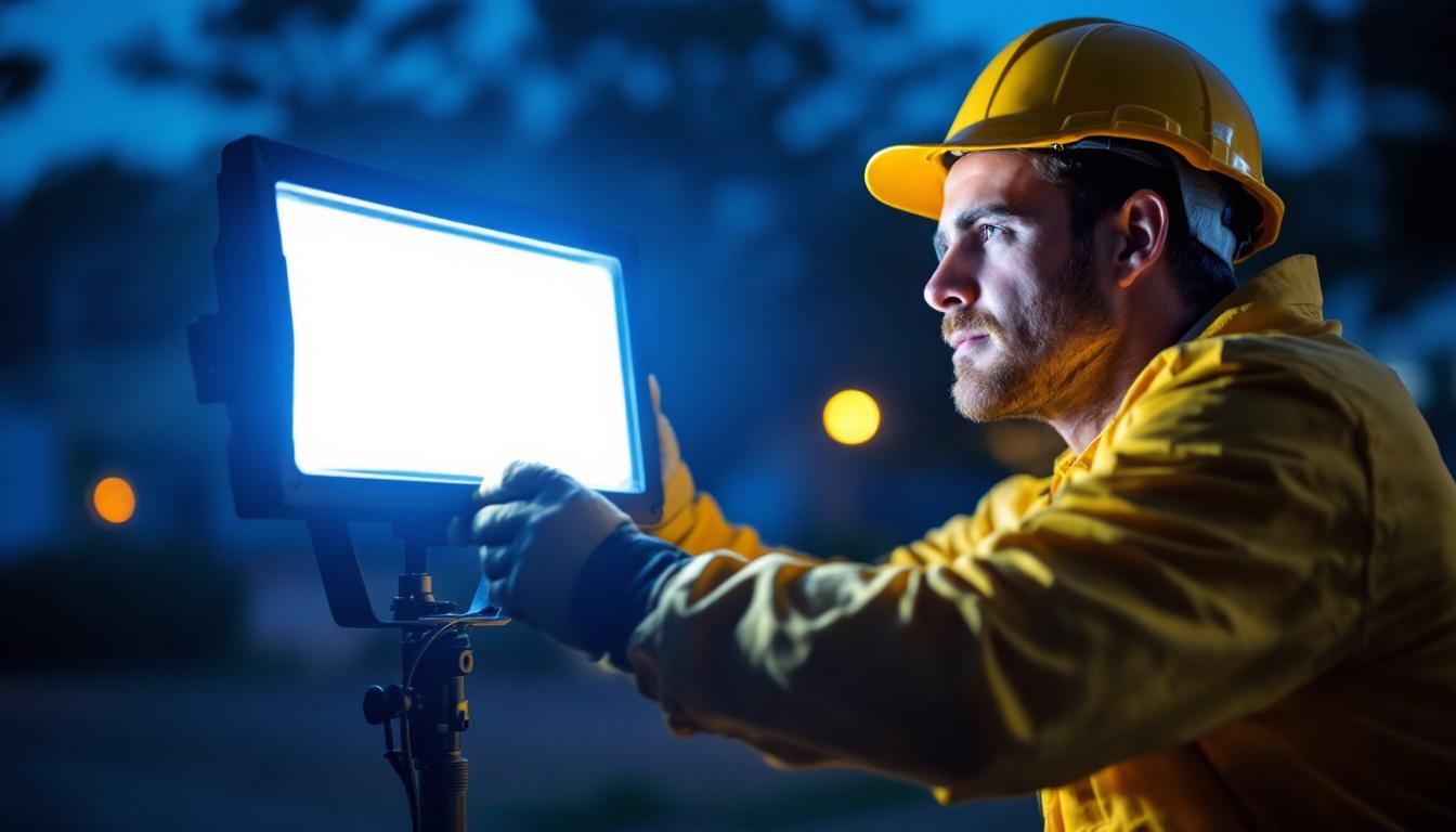 A photograph of a professional lighting contractor installing or adjusting white led flood lights in an outdoor setting