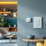 A photograph of a stylishly designed interior space featuring leviton z-wave switches in action