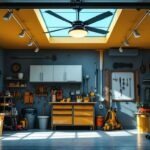 A photograph of a well-lit garage featuring a stylish ceiling fan in action