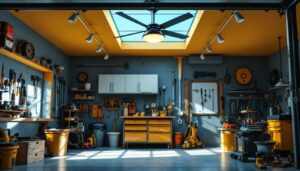 A photograph of a well-lit garage featuring a stylish ceiling fan in action