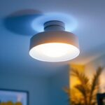 A photograph of a stylish semi-flush mount ceiling light installed in a modern interior setting