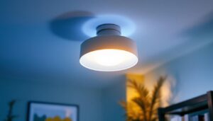A photograph of a stylish semi-flush mount ceiling light installed in a modern interior setting