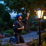 A photograph of a lighting contractor installing an outdoor lamp in a beautifully landscaped garden at dusk