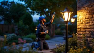 A photograph of a lighting contractor installing an outdoor lamp in a beautifully landscaped garden at dusk