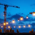 A photograph of a dynamic construction site at dusk
