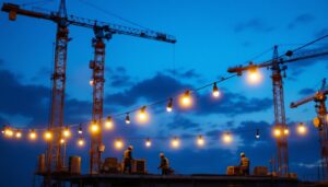 A photograph of a dynamic construction site at dusk