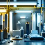 A photograph of a variety of fluorescent ballasts displayed alongside different types of fluorescent light fixtures in a well-lit installation setting
