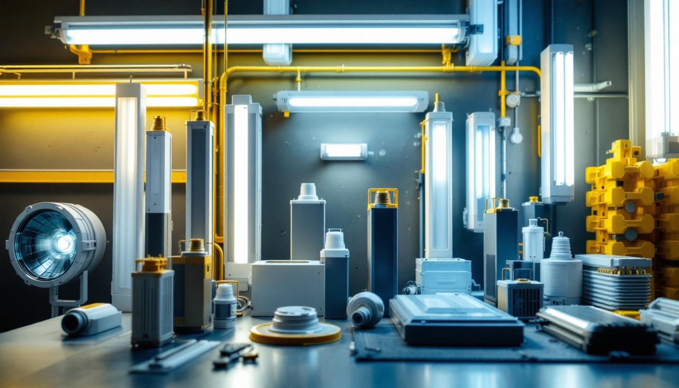 A photograph of a variety of fluorescent ballasts displayed alongside different types of fluorescent light fixtures in a well-lit installation setting