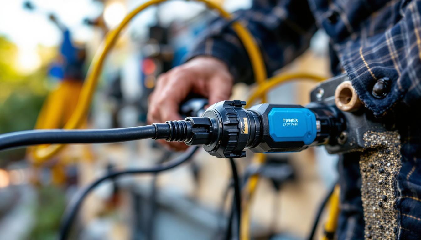 A photograph of a close-up of a two-wire waterproof connector being installed in a lighting setup