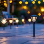 A photograph of a beautifully lit outdoor space featuring a variety of decorative solar lights in use