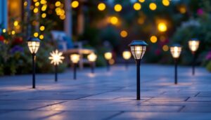 A photograph of a beautifully lit outdoor space featuring a variety of decorative solar lights in use