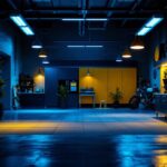 A photograph of a well-lit garage showcasing various innovative lighting solutions