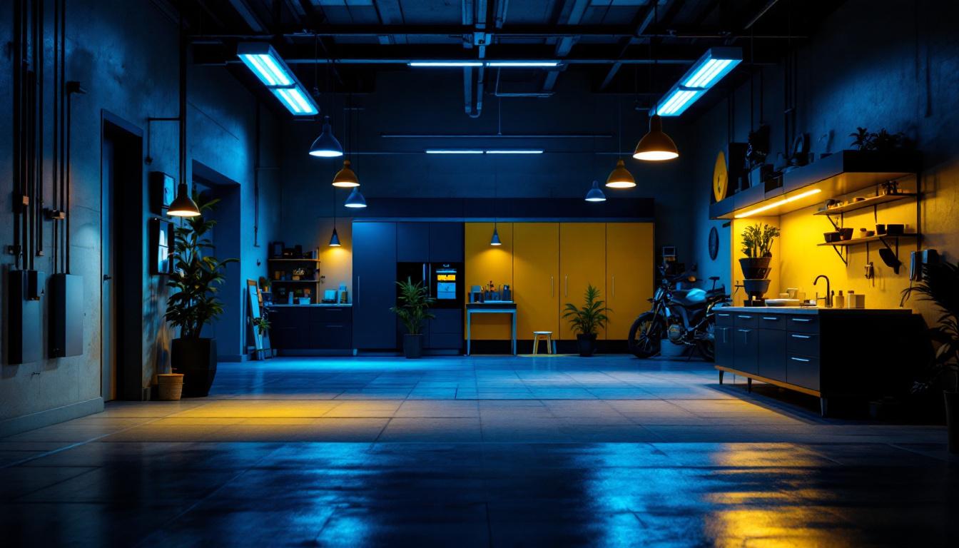 A photograph of a well-lit garage showcasing various innovative lighting solutions