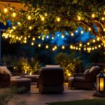 A photograph of a beautifully illuminated outdoor space featuring solar led string lights draped elegantly across trees or a patio