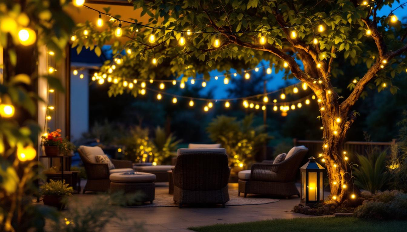 A photograph of a beautifully illuminated outdoor space featuring solar led string lights draped elegantly across trees or a patio