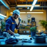 A photograph of a well-lit workspace featuring a lighting contractor connecting fluorescent tubes