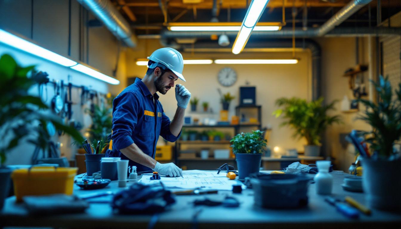 A photograph of a well-lit workspace featuring a lighting contractor connecting fluorescent tubes