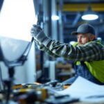 A photograph of a lighting contractor installing par30 led bulbs in a commercial setting