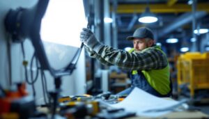A photograph of a lighting contractor installing par30 led bulbs in a commercial setting