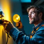 A photograph of a lighting contractor installing a 12v led light fixture in a modern setting